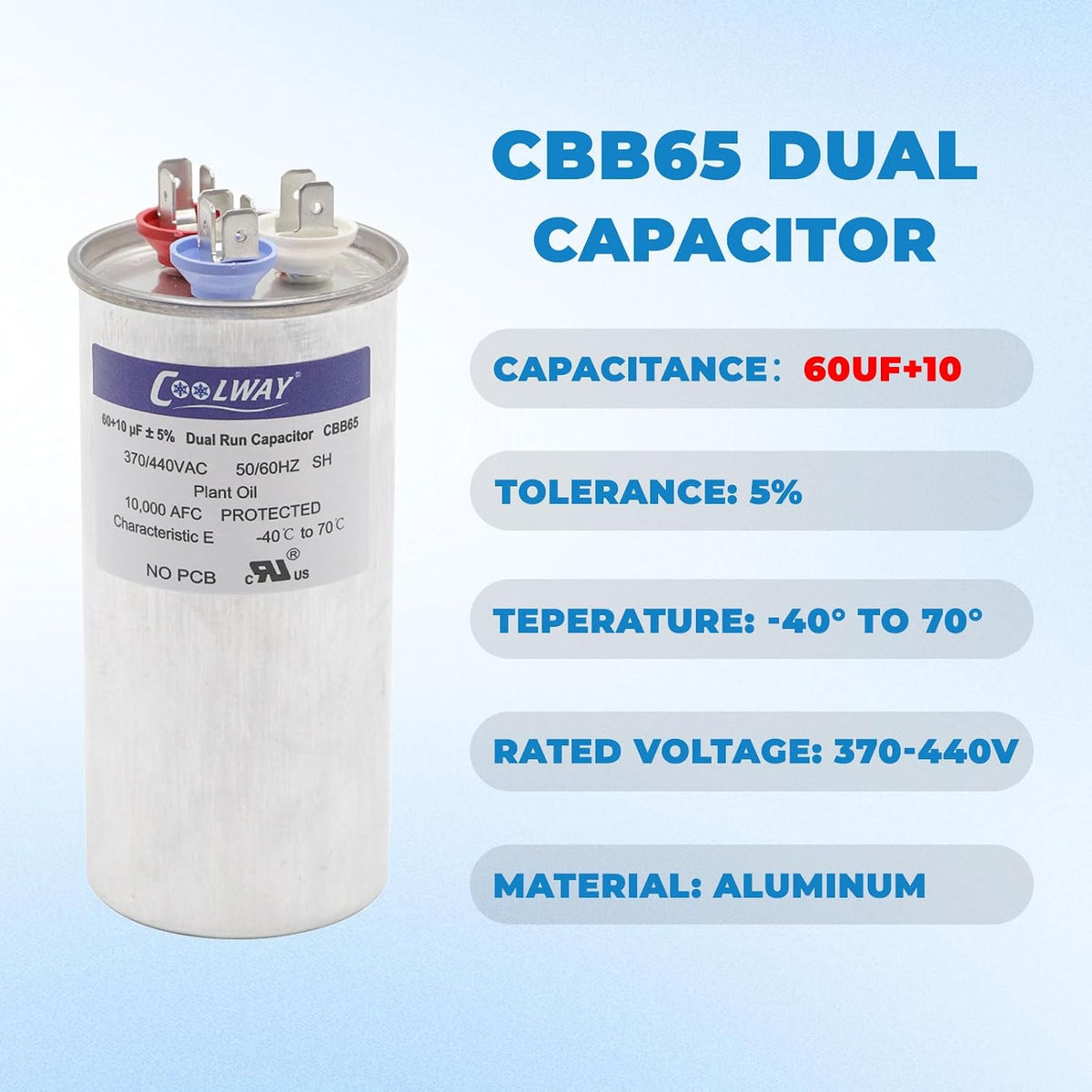 60/10 uF 60+10 MFD ±5% 370V or 440V Dual Run Start ac Capacitor for Motor Start or Heat Pump, Condenser, Pool Pump