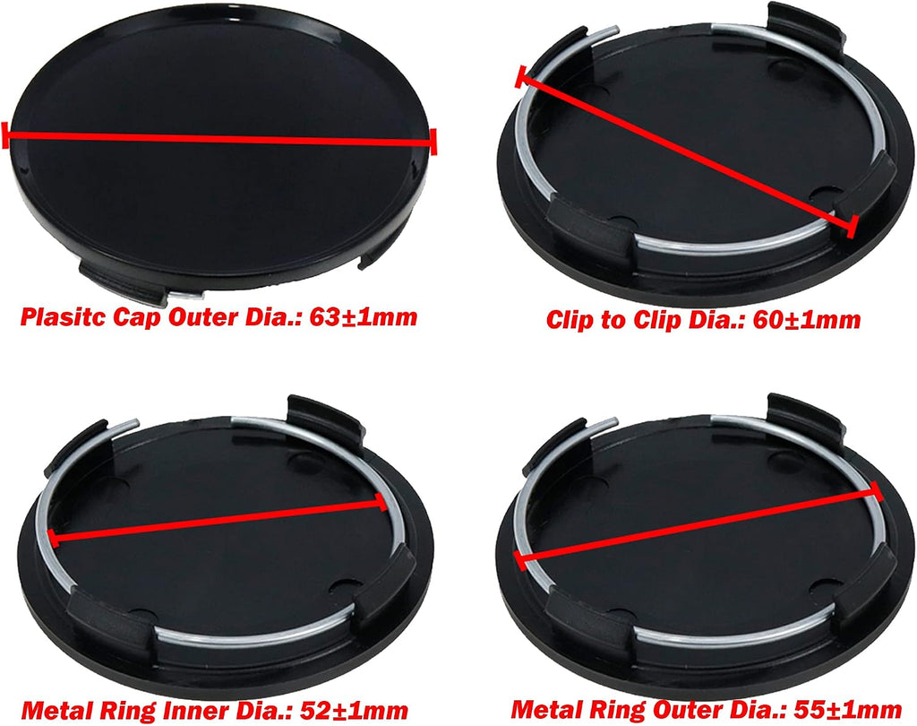 Center Caps,63mm Wheel Rim Hub Center Covers Replacement | 60mm Lug to Lug,Black,Pack of 4