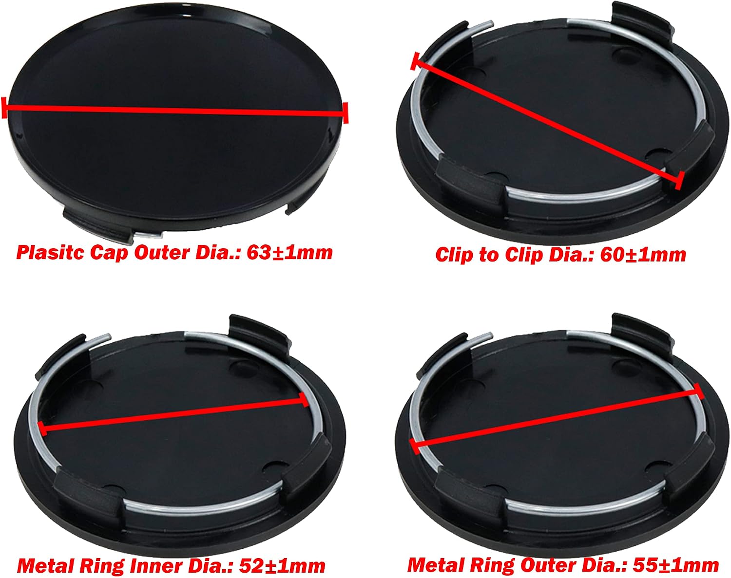 Center Caps,63mm Wheel Rim Hub Center Covers Replacement | 60mm Lug to Lug,Black,Pack of 4