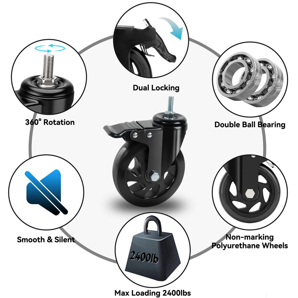 Caster Wheels 5 Inch, Swivel Threaded Stem Casters Set of 4 Heavy Duty 2400lbs, UNC 3/8" -16 x 1 (Stem Diameter 3/8"