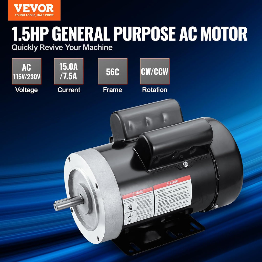 VEVOR 1.5HP Electric Motor 1725 RPM, AC 115V/230V, 56C Frame, Air Compressor Motor Single Phase, 5/8" Keyed Shaft, CW/CCW R