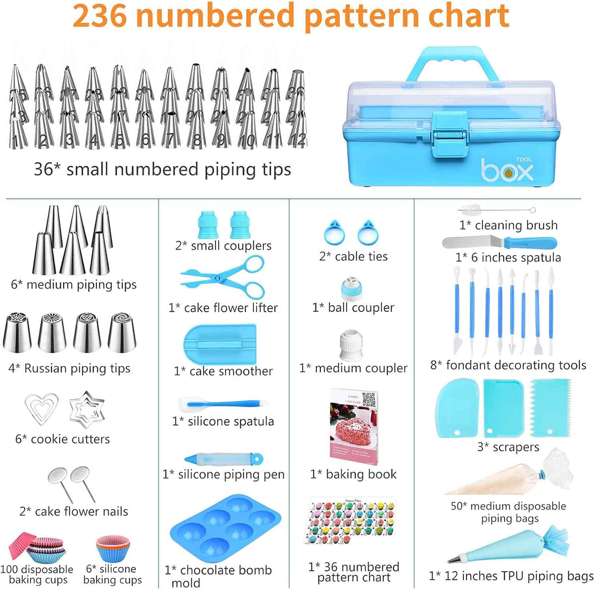 Cake Decorating Tools Supplies Kit: 236pcs Baking Accessories with Storage Case - Piping Bags and Icing Tips Set