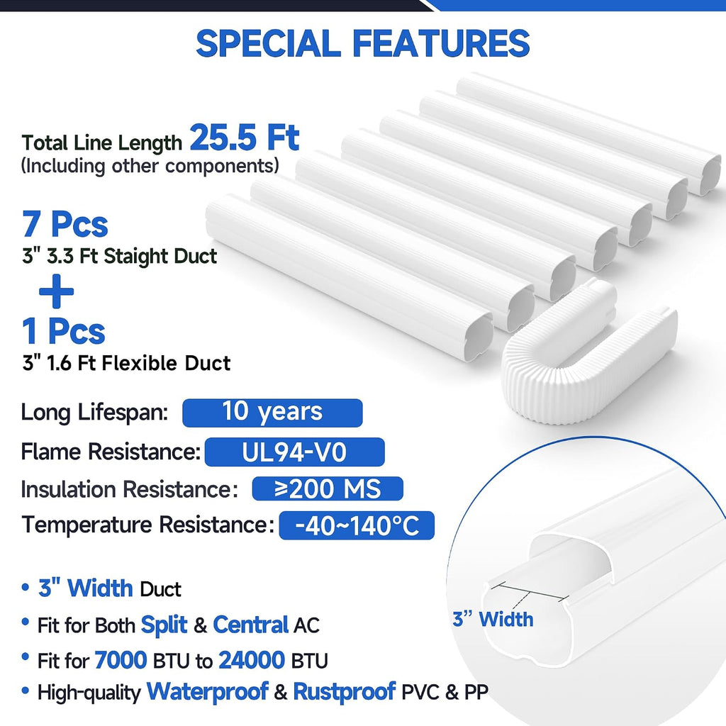 Mini Split Line Set Cover 3" 25.5Ft, Upgraded PP Line Hide Outdoor | UV-Proof PVC Pipe Cover, Decorative DIY