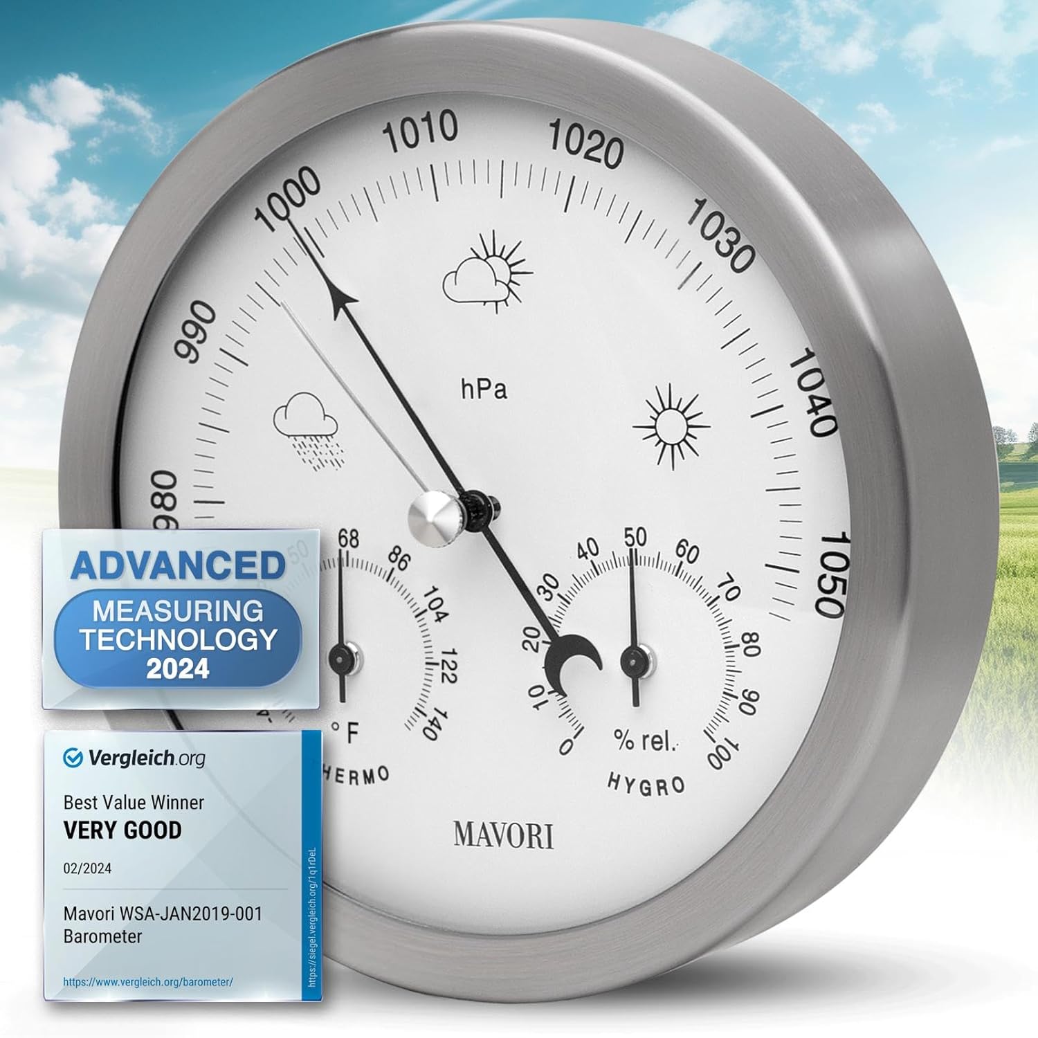 3in1 Weather Station Analog - Barometer, Hygrometer & Thermometer for Indoor - Ø 13,5cm Stainless Steel Frame with
