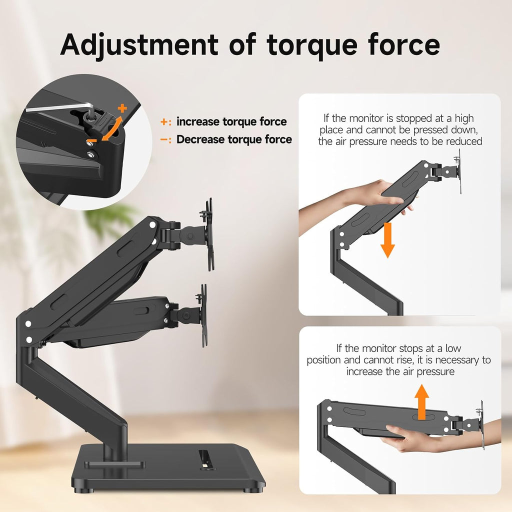 Adjustable Dual Monitor Arms with Base for 17-32" Screens | Pneumatic Dual VESA Monitor Mount with Base, Freestanding