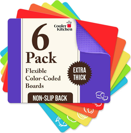 Extra Thick Flexible Plastic Cutting Board Mats, Set of 6 for Kitchen, BPA Free, Non-Slip Waffle Back, Dishwasher