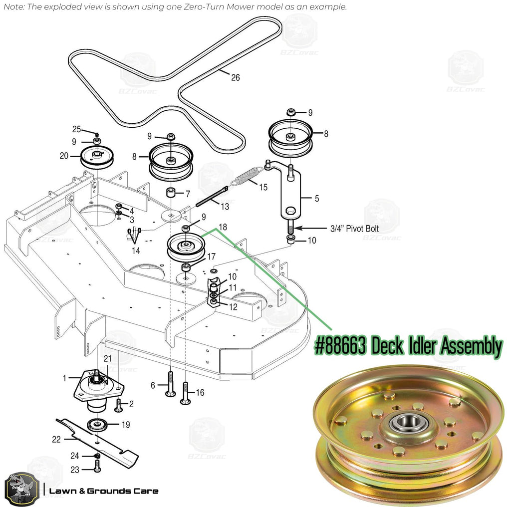 88663 Flat Idler Pulley for Mower Decks, 5" Flat Diameter, 5/8" Bore