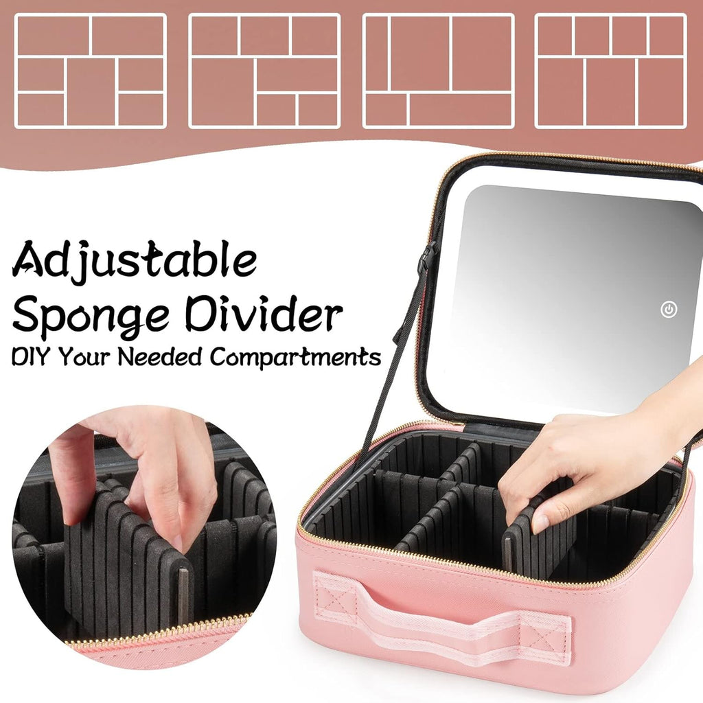 Makeup Travel Train Case with Mirror LED Light 3 Adjustable Brightness Large Cosmetic Bag Portable Storage Adjustable