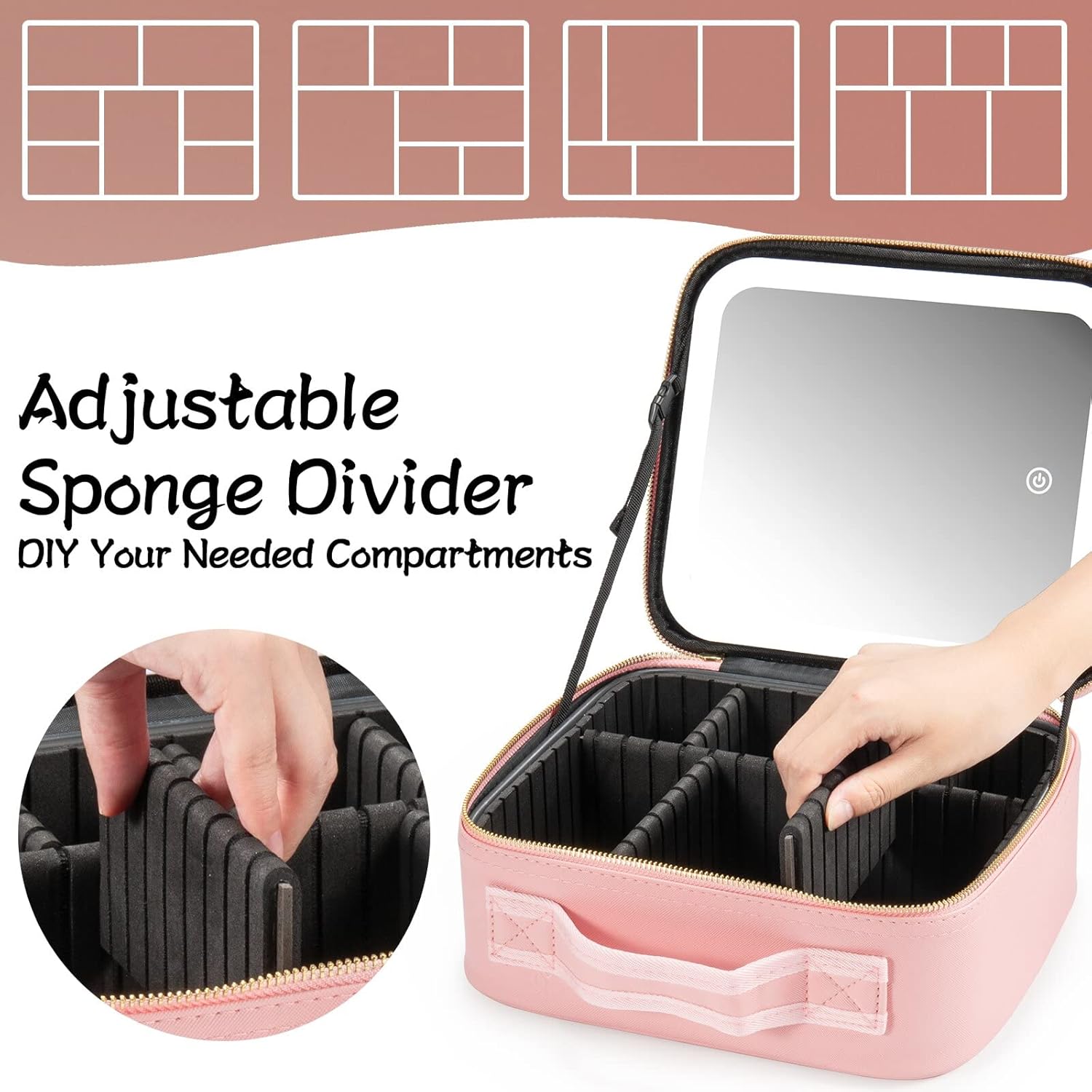 Makeup Travel Train Case with Mirror LED Light 3 Adjustable Brightness Large Cosmetic Bag Portable Storage Adjustable