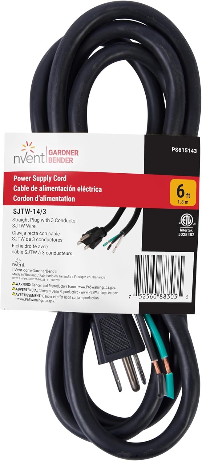 nVent GARDNER BENDER PS615143 6 ft Replacement Appliance Power Cord 14/3 AWG Heavy-Duty SJTW Cable with Grounded NEMA