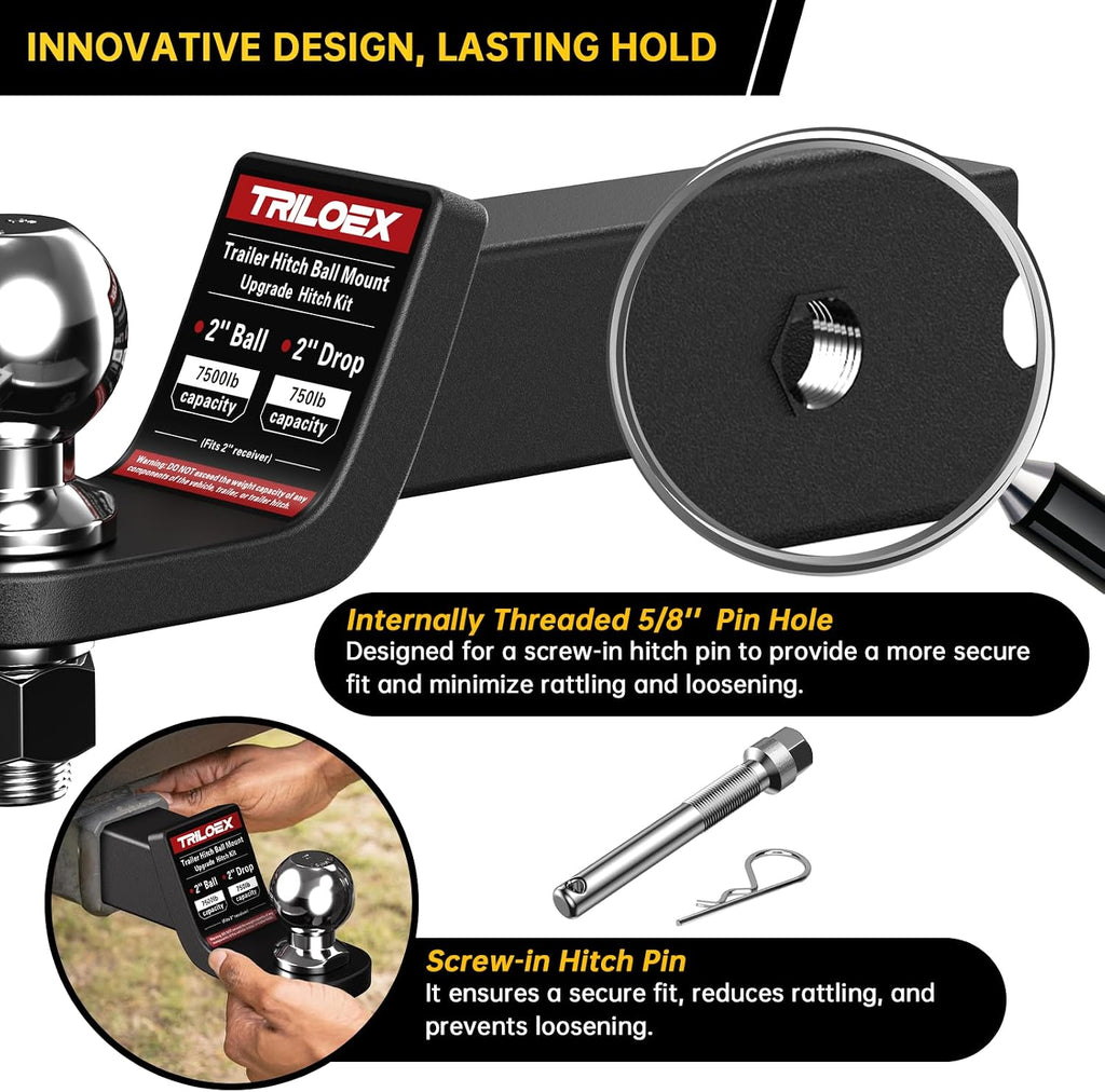 Trailer Hitch Ball Mount with 2-Inch Ball, Fits 2-in Receiver, 7,500 lbs, 2" Drop, Includes 5/8” Screw-in Hitch Pin