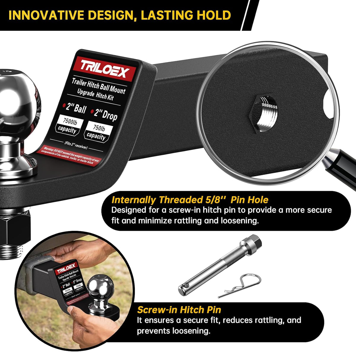 Trailer Hitch Ball Mount with 2-Inch Ball, Fits 2-in Receiver, 7,500 lbs, 2" Drop, Includes 5/8” Screw-in Hitch Pin