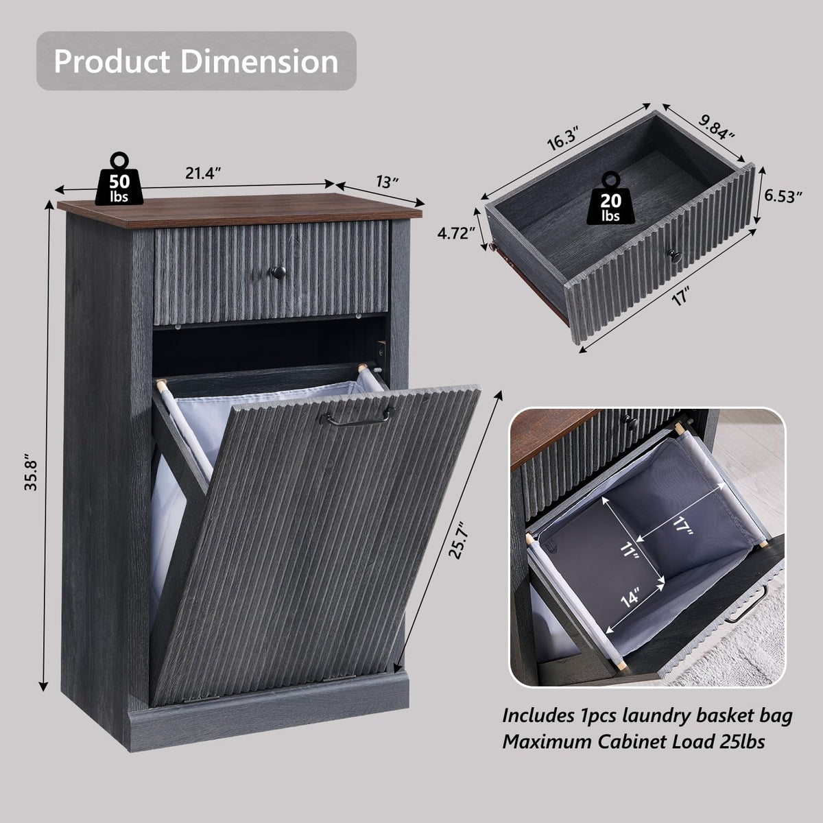 Tilt-Out Trash Can Cabinet, Fluted Laundry Hamper Cabinet, Dark Gray