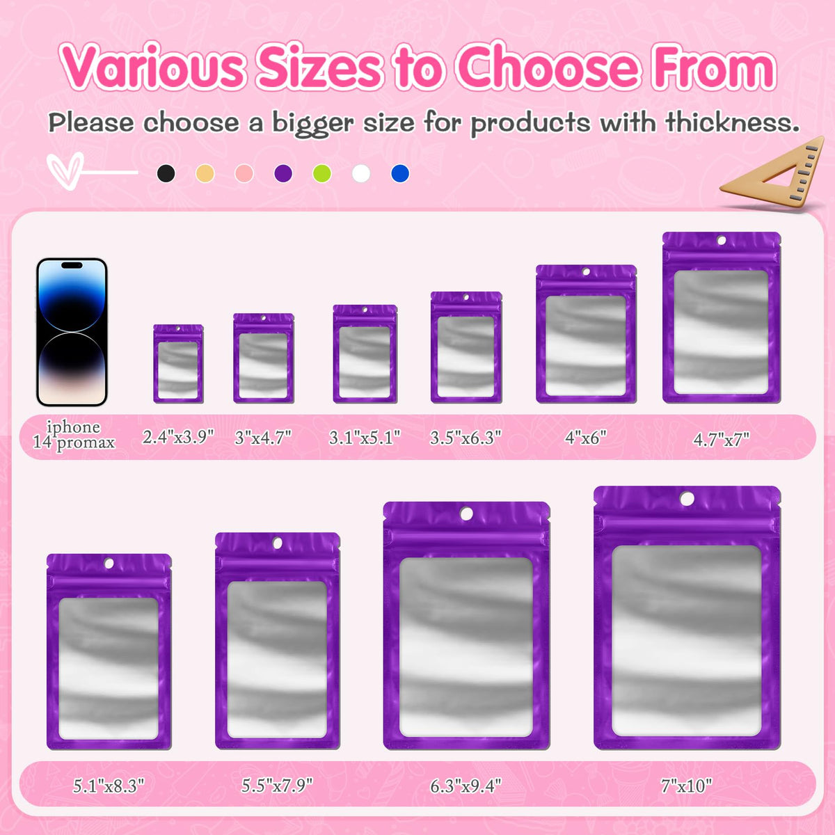 100 Pack Mylar Resealable Bags, Purple Foil Packaging Bags