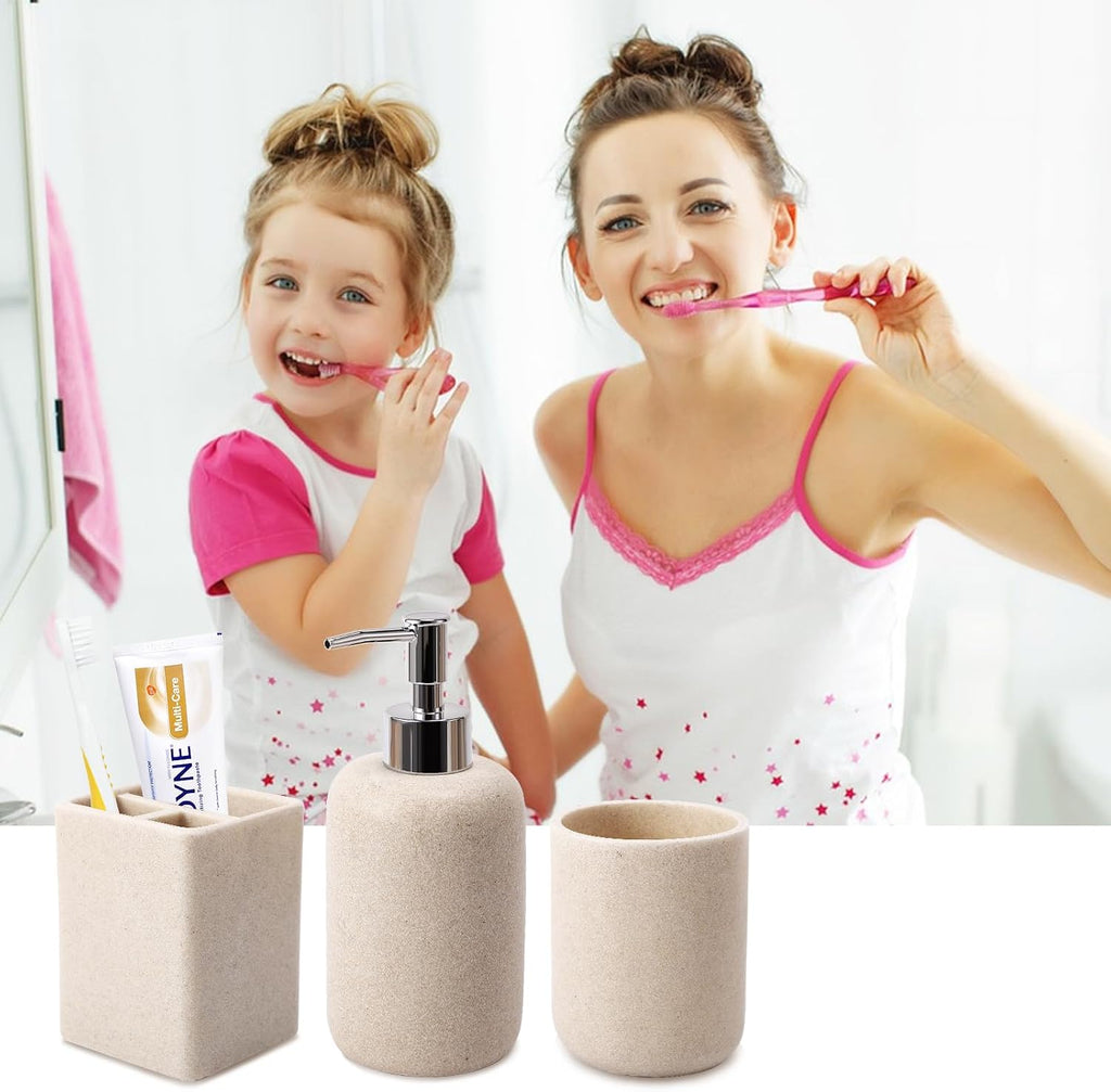 Resin Beige 6 Pcs Bathroom Set Complete with Toothbrush Holder, Lotion Soap Dispenser, 2 Qtip Holder