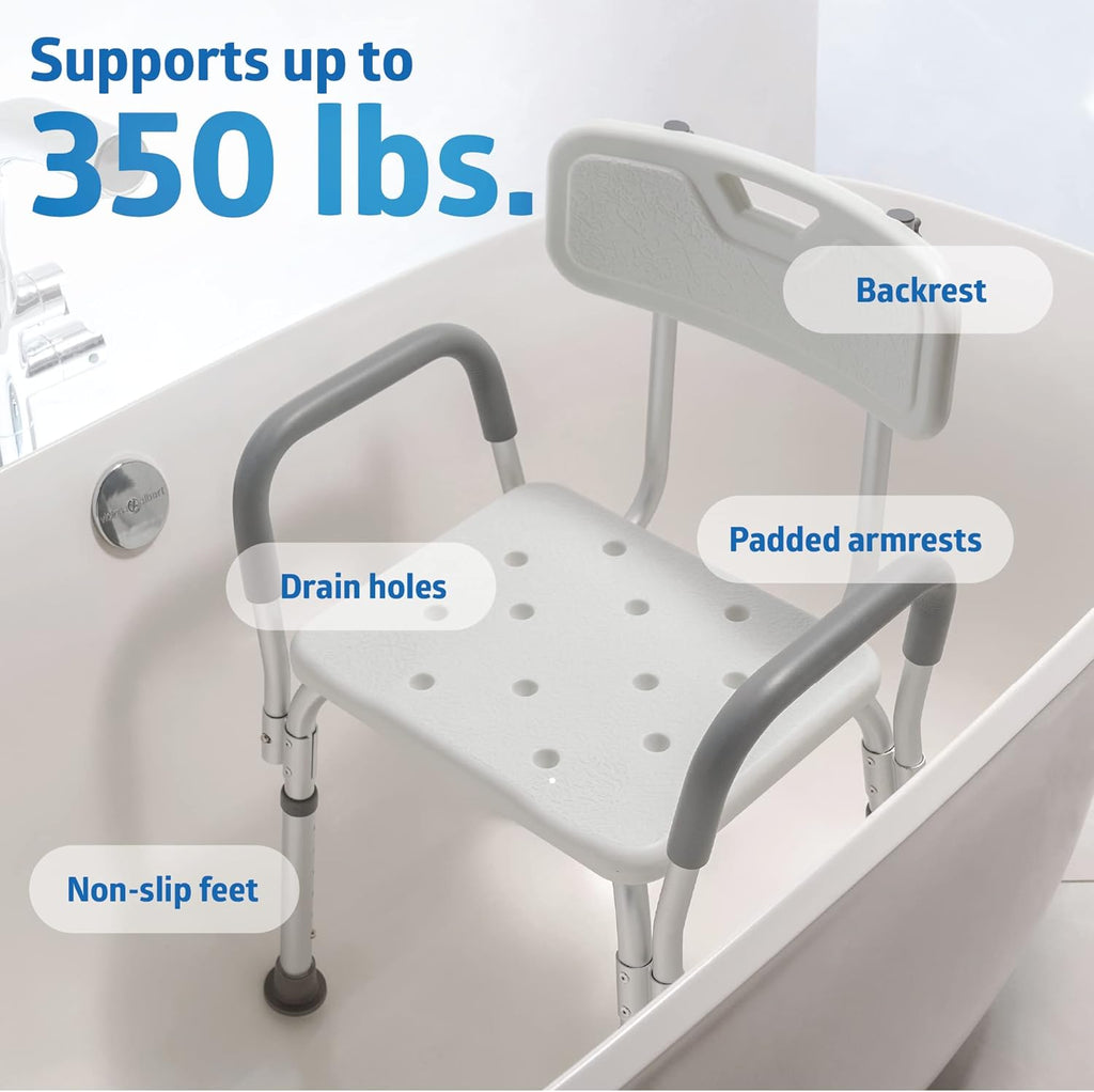Shower Chair with Backrest and Padded Armrests - 350 lb. capacity, Bath Bench, Seat, Stool for Independent Adult