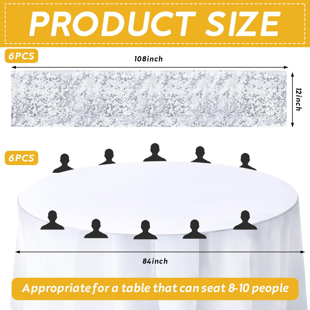 12 Pack Round Plastic Tablecloth Sequin Runner Set, Silver, White