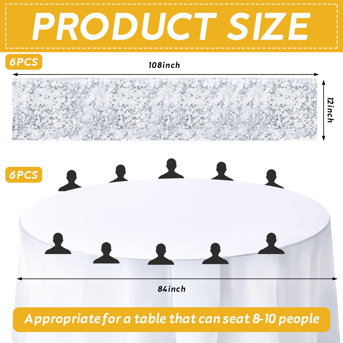 12 Pack Round Plastic Tablecloth Sequin Runner Set, Silver, White