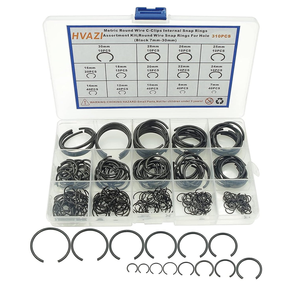 310PCS 14-Sizes 7–30mm Round Wire C-Clips Internal Snap Rings Kit