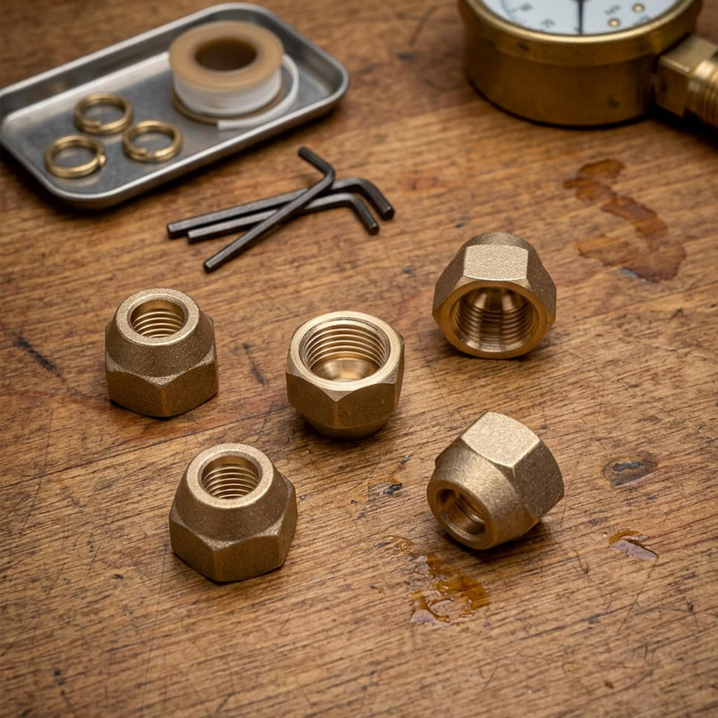 Brass 3/8 Flare Nut, 45° Flare Tube Fitting Leak Free Flarefitting for Air Conditioning Copper Pipe Extension Butt (3/8", 5 Pack)