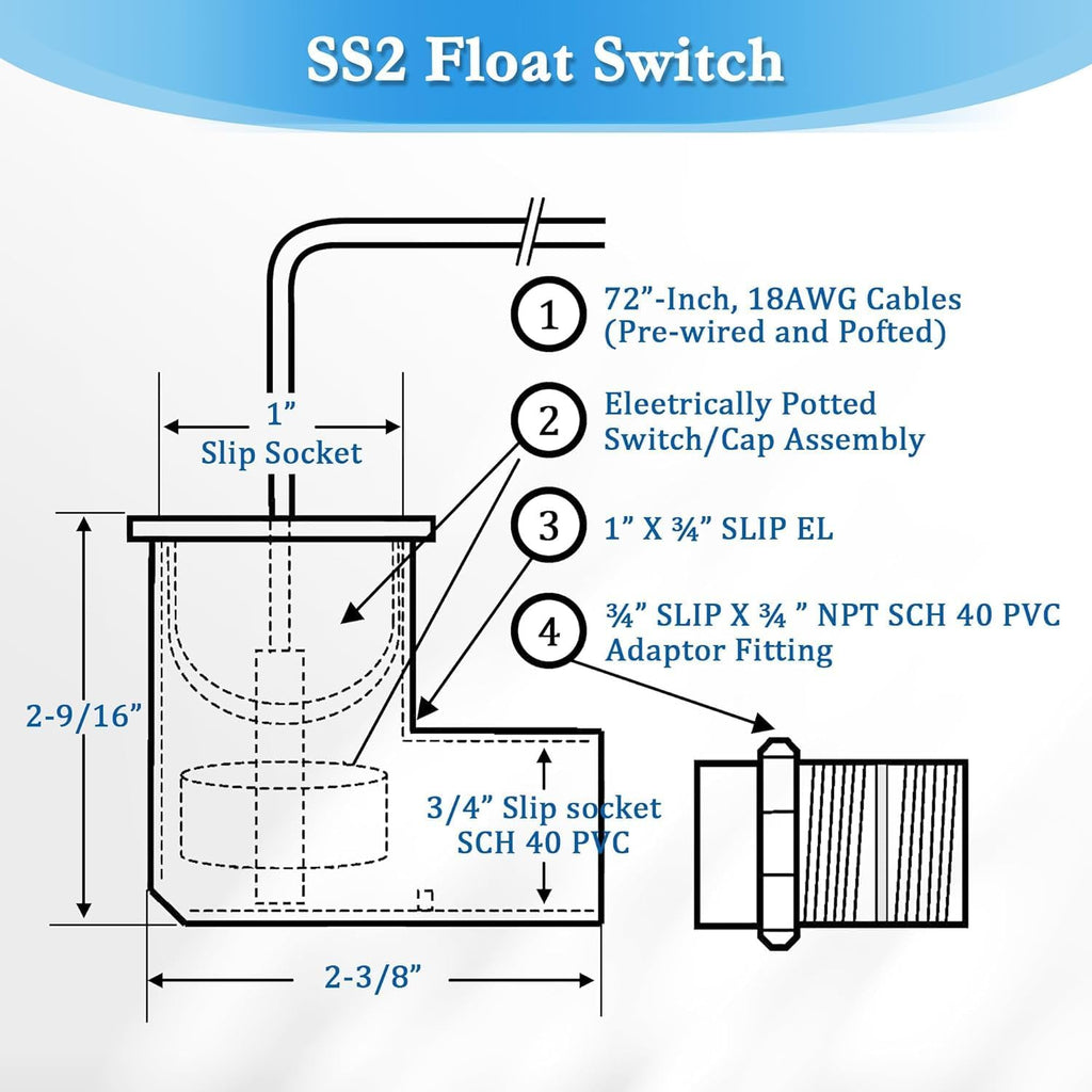 SS2 AC Float Switch L Shape Water Level Accessory with 3/4" Adaptor,10 Pack