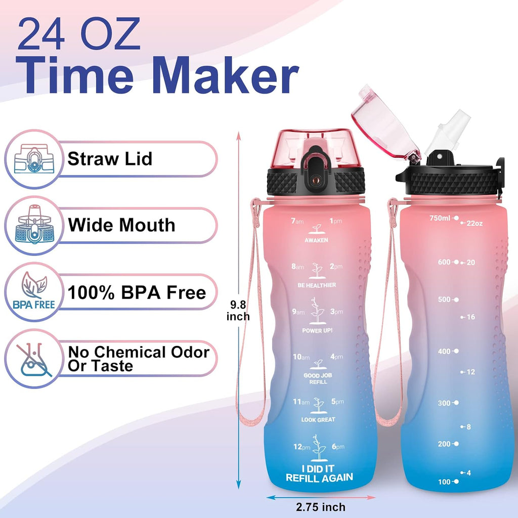 24 OZ Motivational Kids Water Bottle With Time Marker,Straw Lid,Leak Proof, Tritan BPA Free Sports Water Bottle