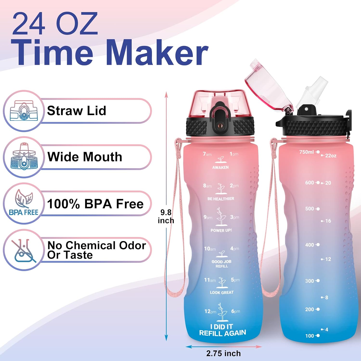 24 OZ Motivational Kids Water Bottle With Time Marker,Straw Lid,Leak Proof, Tritan BPA Free Sports Water Bottle