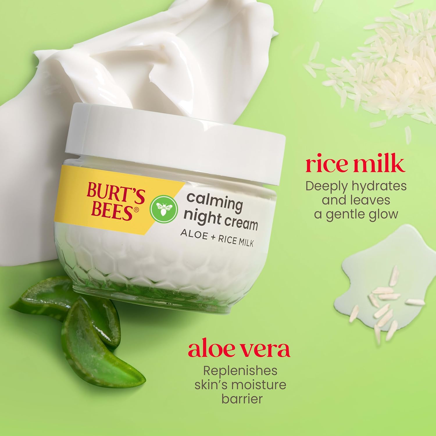 Calming Night Cream, With Aloe and Rice Milk, Face Moisturizer For Sensitive Skin Infuses Skin With Moisture While