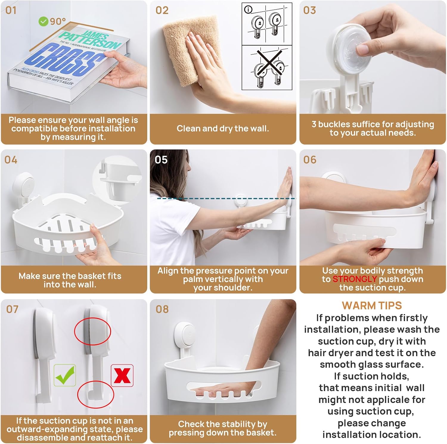 Corner Shower Caddy Suction Cup, shower shelves suction cup, White | 2 Pack Basket Bathroom, Waterproof & Oil-proof