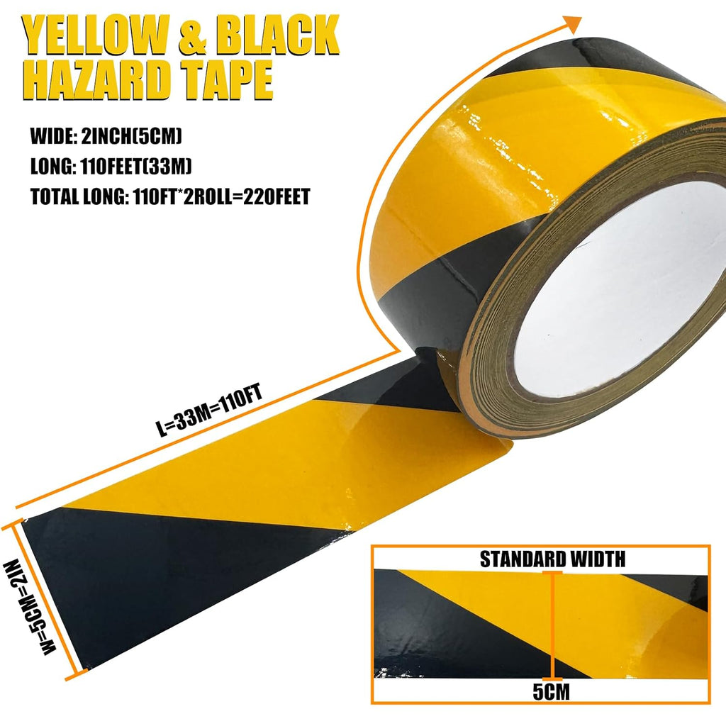2 Inch Black & Yellow Hazard Tape, Caution Tape Roll, Safety Stripe Tape for Floor Marking, L110FT*2=220FT, Strong