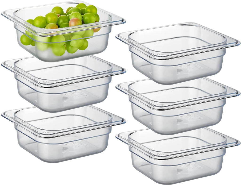 6-Pack 1/6 Size 2.5" Deep NSF Polycarbonate Food Pans | Dishwasher & Freezer Safe Clear Container for Prep Tables