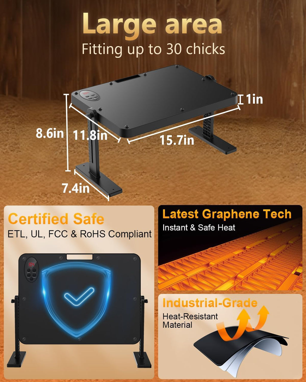 Chick Brooder Heating Plate with 86–194℉ Adjustable Temp, 12H Timer, Adjustable Height & Angle, 200W Rapid Heating