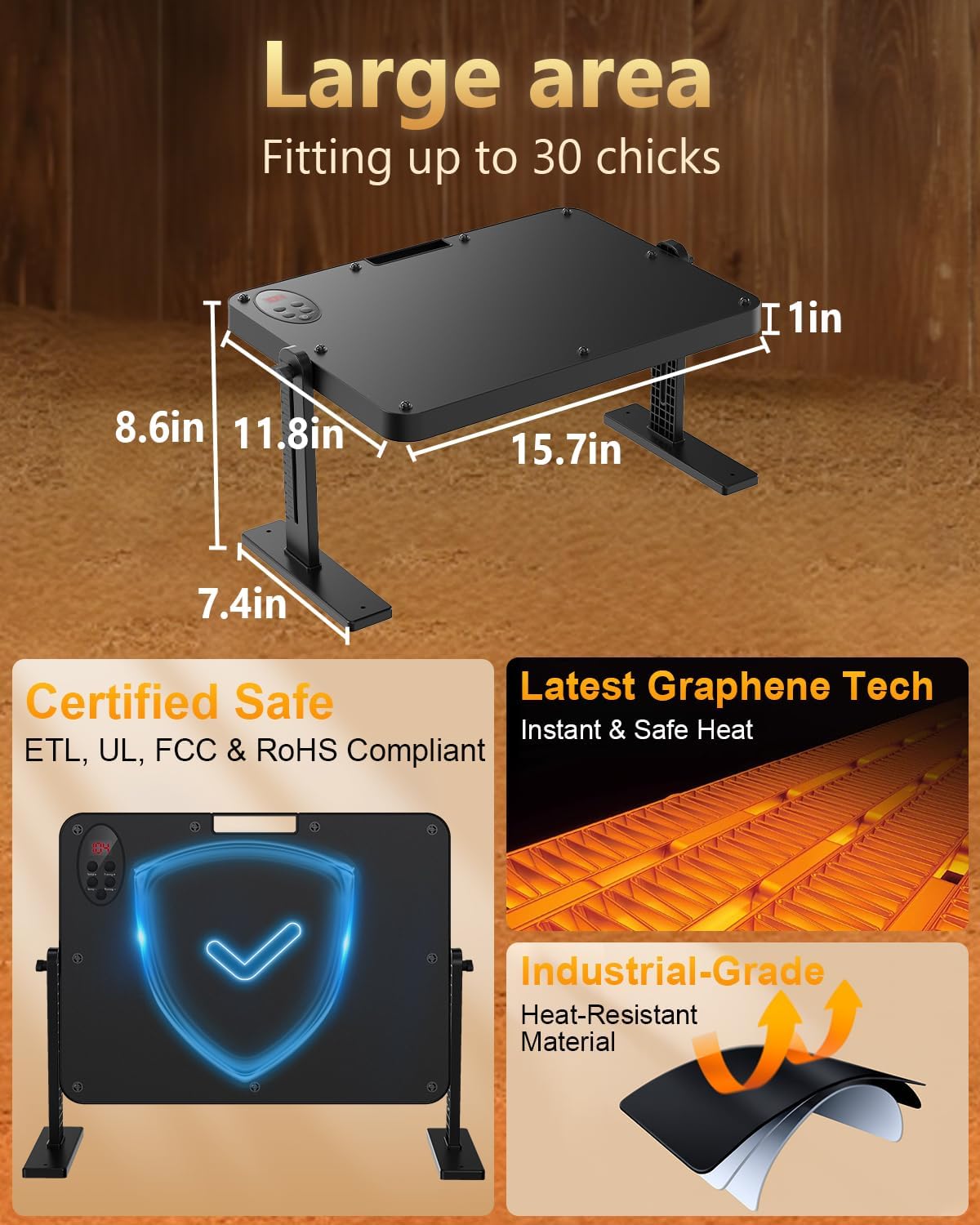 Chick Brooder Heating Plate with 86–194℉ Adjustable Temp, 12H Timer, Adjustable Height & Angle, 200W Rapid Heating