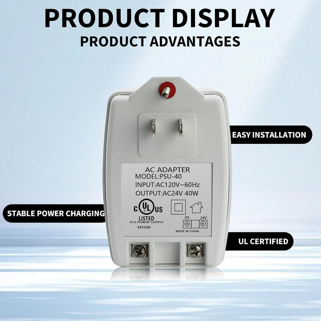24V 40VA Plug-in AC Transformer Doorbell Power Supply | AUTO-Resetting, PTC Fuse, Compatible with Ring Doorbell and