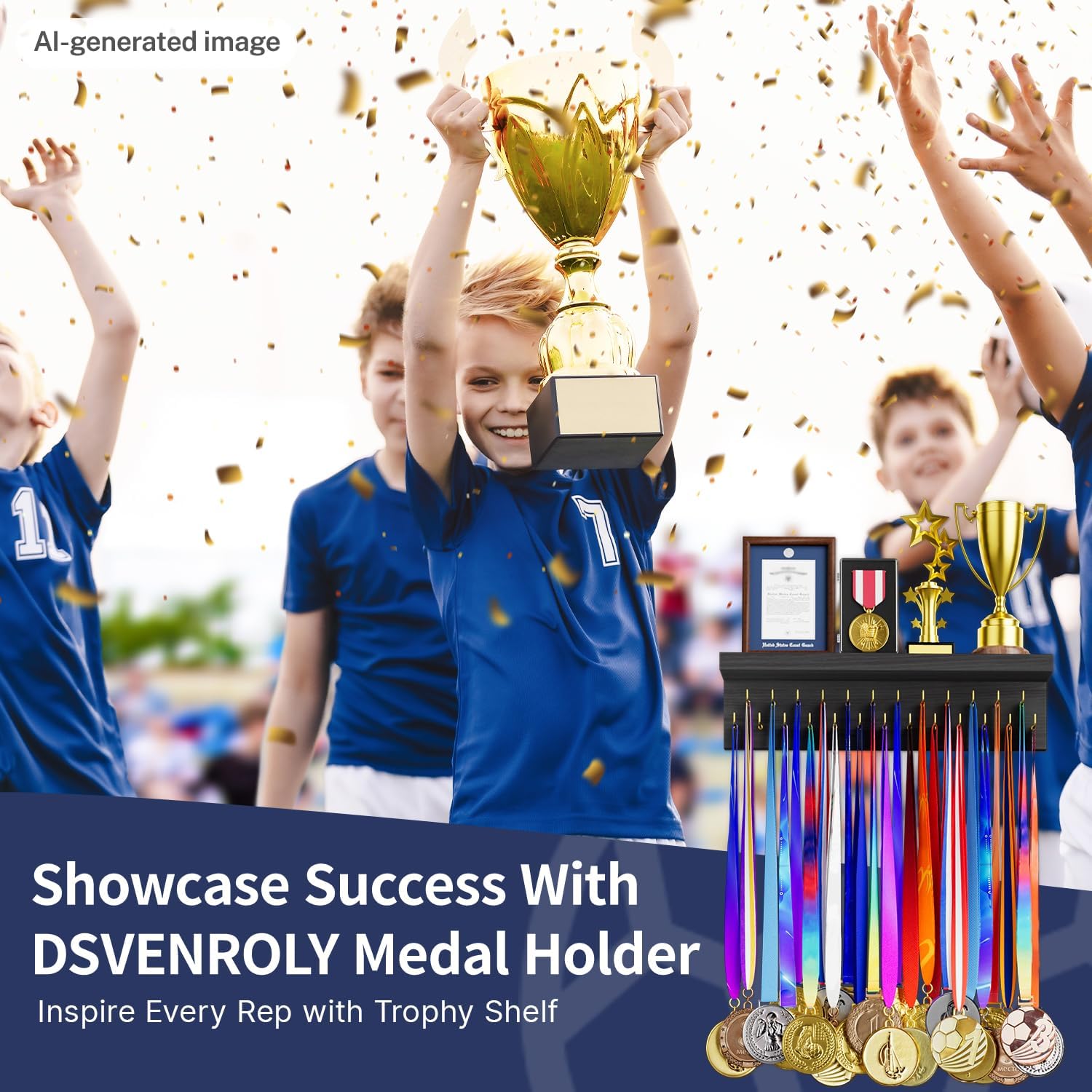 Medal Holder Display Trophy Shelf Organizer, Sturdy Wooden Race Award Hanger Rack with 25 Steel Hooks, Wall Mount