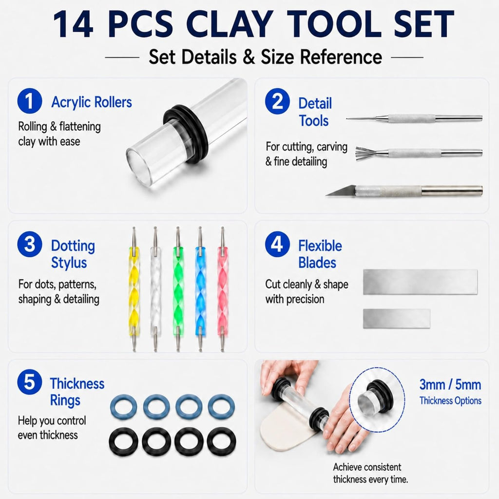 18 Pcs Polymer Clay Tools Kit, Rolling Pin with Thickness Rings | Air Dry Clay Jewelry Earring Making Set Sculpting