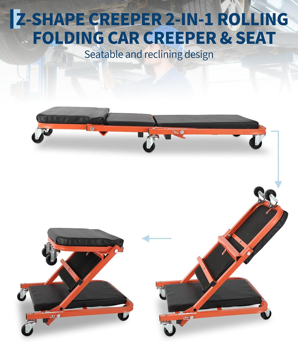 2-in-1 Folding Z-Style Mechanic Creeper Seat – Heavy Duty Garage Workshop Chair – 6 Swivel Wheels – 330 lbs Capacity