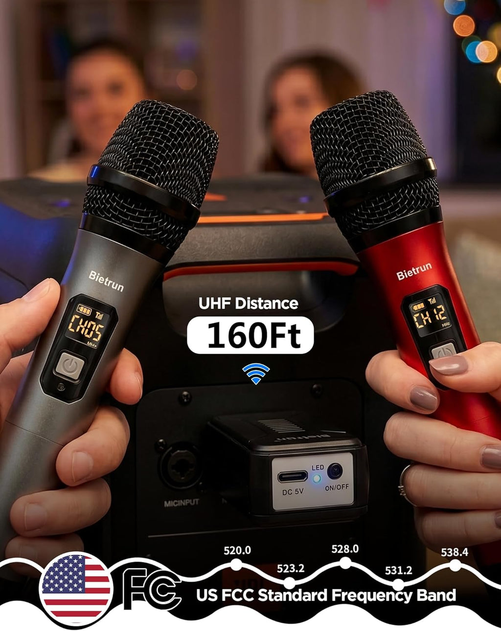 UHF Wireless Microphone with 1/4'' Plug Rechargeable Receiver, 160 Feet, Professional Metal Dual Handheld Cordless
