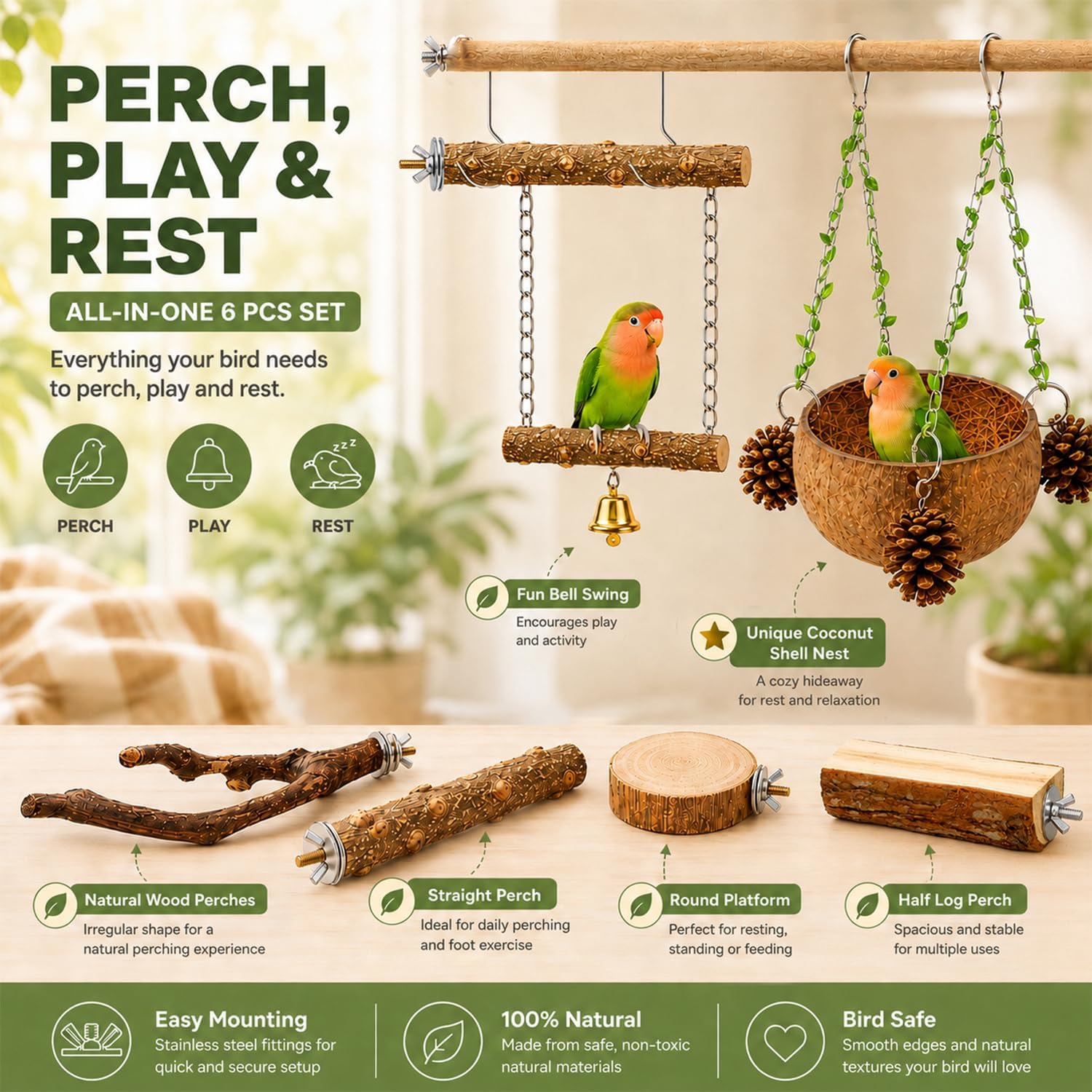 Bird Perch Bird Cage Accessories Parrot Toys Natural Wood 6Pcs Set for Parakeet Cockatiel Conure Lovebird Small