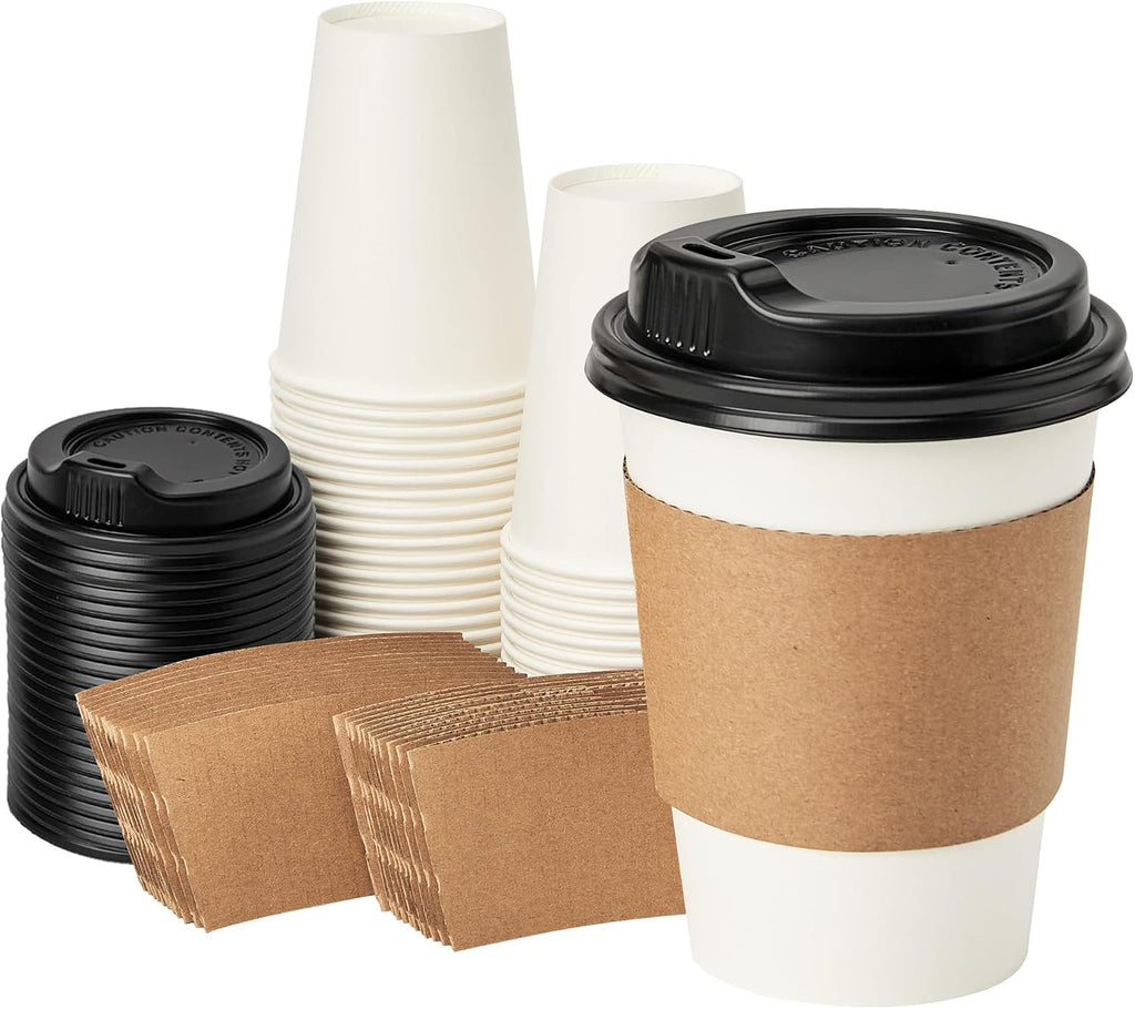 12 oz 50 pack Disposable Paper Coffee Cups with Lids and Sleeves