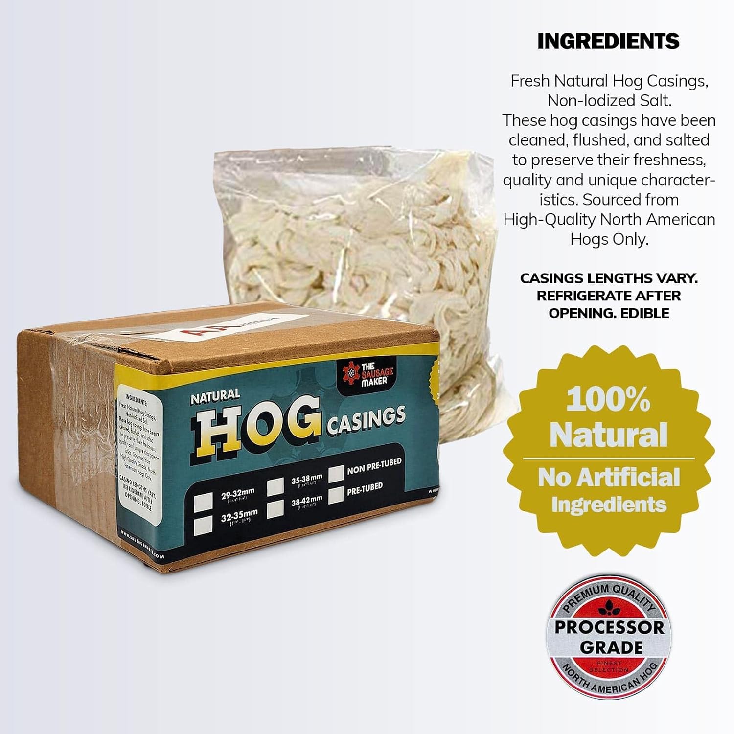 Natural Hog Sausage Casings 29 To 32 MM 90 Yards Whole Hank, Stuffs Over 70lb Meat, North American Edible Pork Link