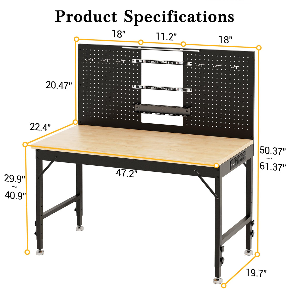 Heavy-Dute Work Bench for Garage, Adjustable Work Table with Light & Outlet