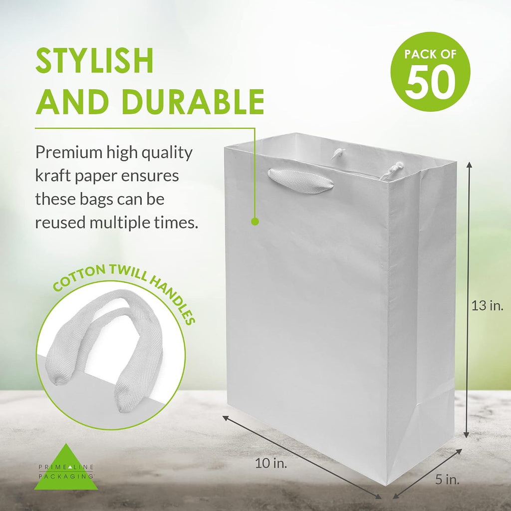 White Paper Bags with Handles, 10x5x13 Inch, 50 Pack