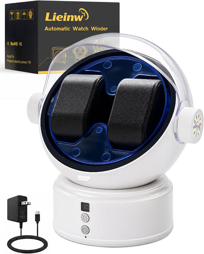 Automatic Watch Winder for Rolex and Auto Watches, Astronaut Style 2 Slots Rotating Watch Box with Blue LED &