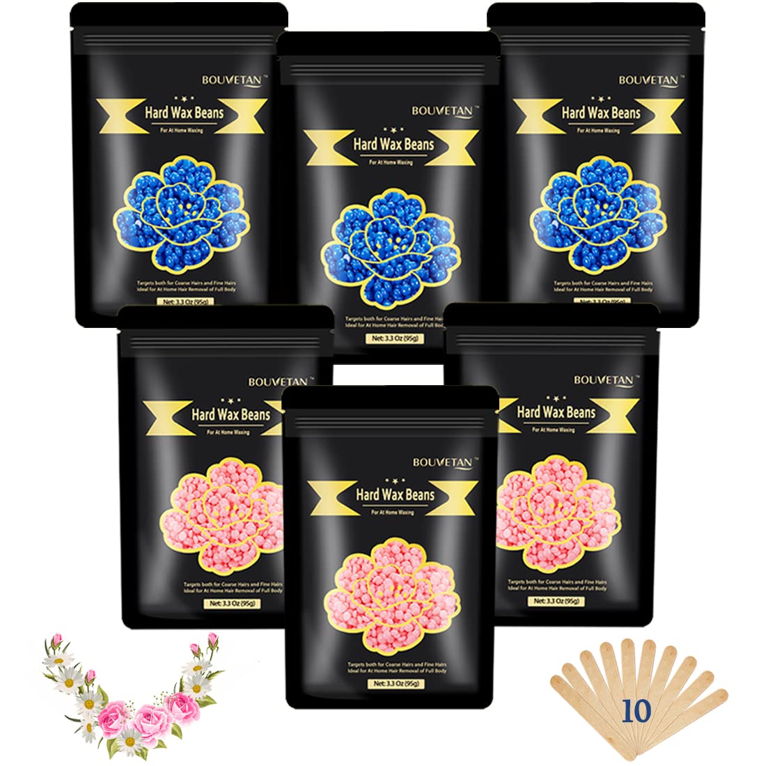 1.3Lb/21oz Wax Beads for Brazilian, Eyebrow, Face, Bikini, Legs, Arms Waxing - 6 Packs with 10 Wax Spatulas for Women