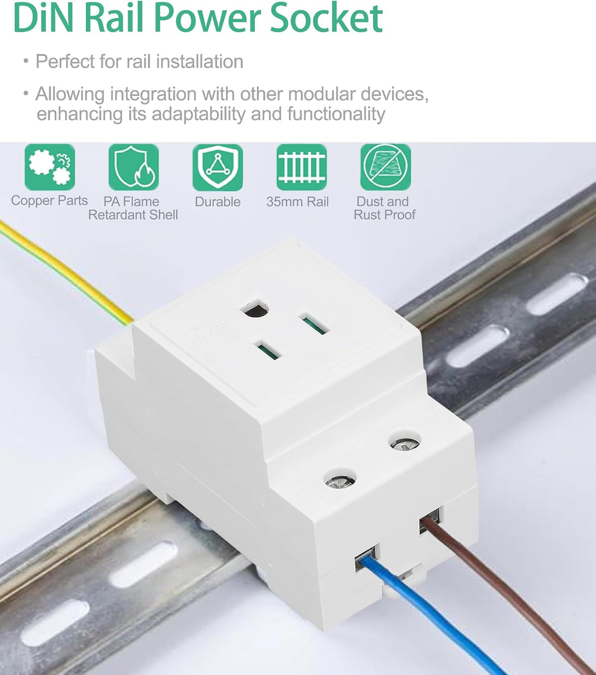 DIN Rail Socket, DIN Rail Mount Modular Power Socket Single AC Outlet, Built in Protective Outlet for Distribution Panel (US AC110?250V 15A)