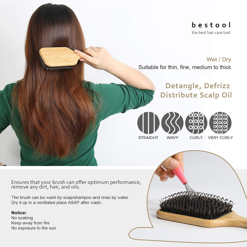 Hair Brush, Boar & Nylon Bristle Brush for All (Women, Men, Kids) Wet/Dry Hair, Massaging Detangling, Enhance Shine &