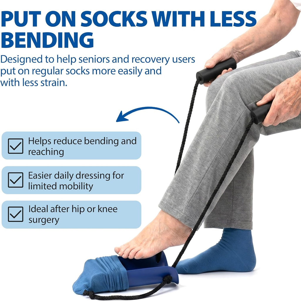 Blue Jay Formed Sock Aid Device with Molded Plastic Shell, 30 Inch Adjustable Cord, Large Foam Handles, Puller Assist