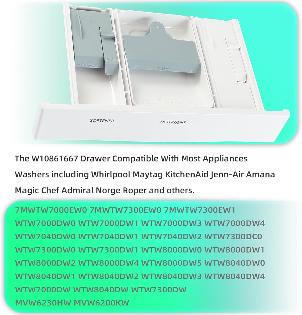 W10861667 W10794820 W10601851 Washer Dispenser Drawer Assembly Compatible with Whirlpool Maytag Washers Appliance Drawer Replacement Part, White