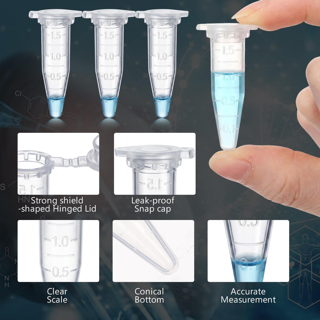 2000 Pcs 1.5ml Microcentrifuge Tubes with Safe Lock Snap Cap & Flip Lid Polypropylene Clear Plastic Tube with